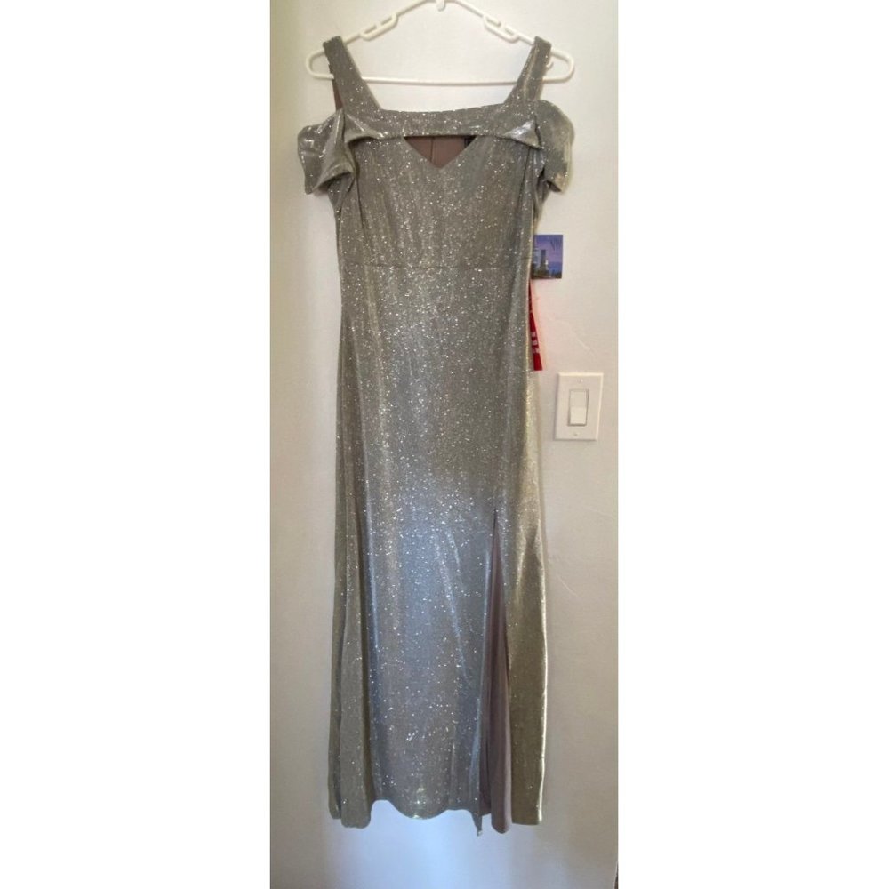 Nightway Full Length Silver Glitter Gown